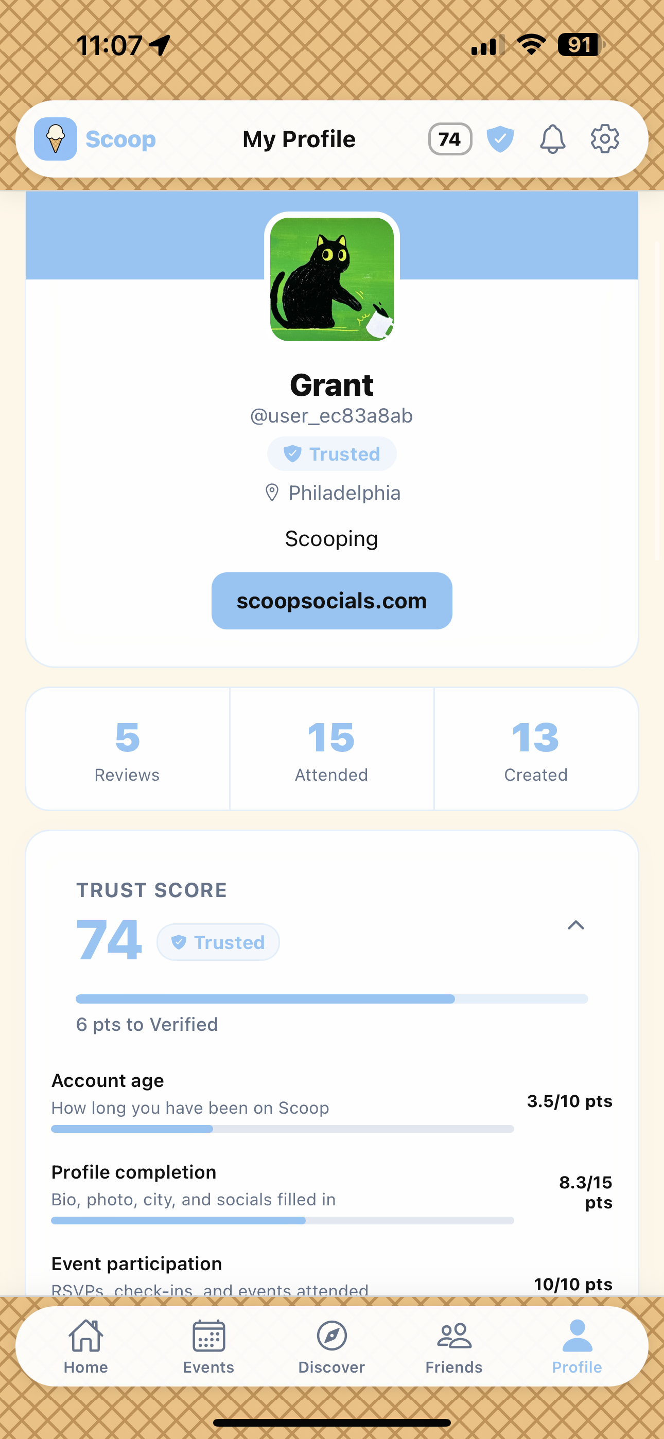 Scoop profile with Trusted status, reviews, and trust score